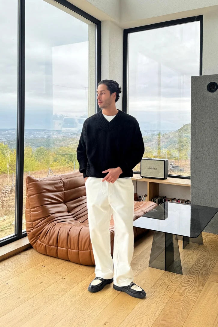 Black Knitted V-Neck Sweater