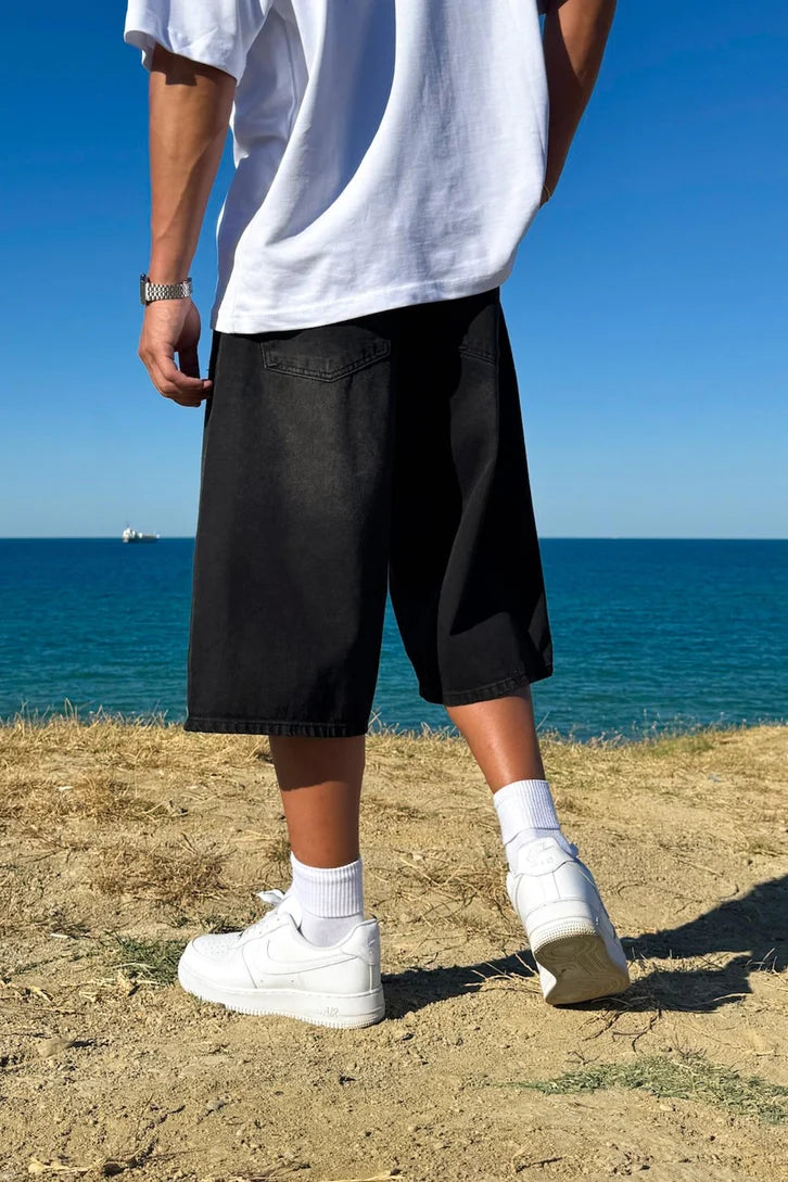 Black Washed Baggy Denim Short