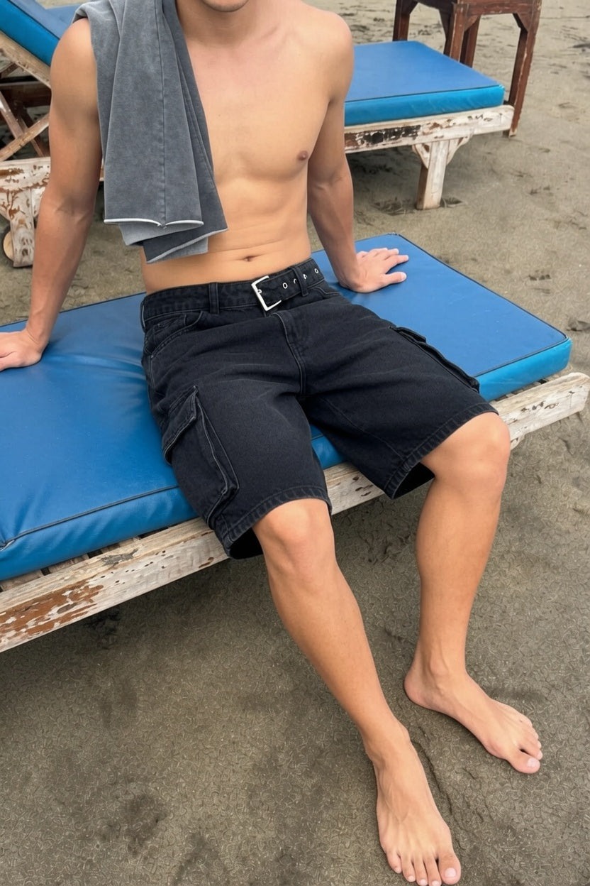 Black Washed Cargo Denim Short